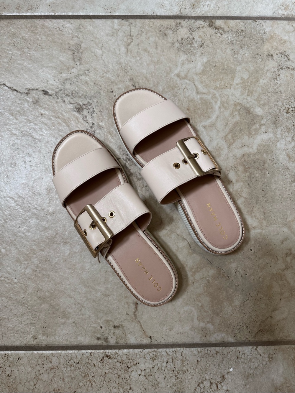 Cole Haan Pink Cream Double-Strap Slide Mules with Gold Buckles